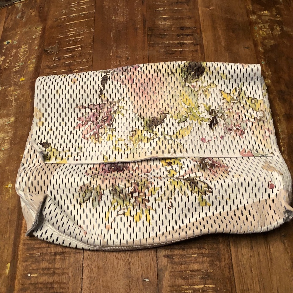 Anthropologie White Floral Perforated Foldover Clutch